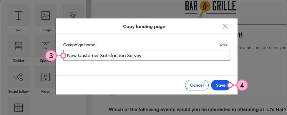 Copy Landing Page overlay with new Campaign Name, and Save button