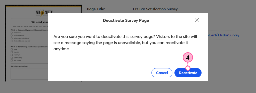 Deactivate Survey Page confirmation message with Deactivate button