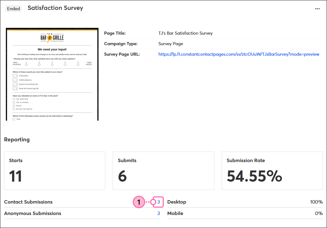 Survey Page Reporting Section with Contact Submissions linked number