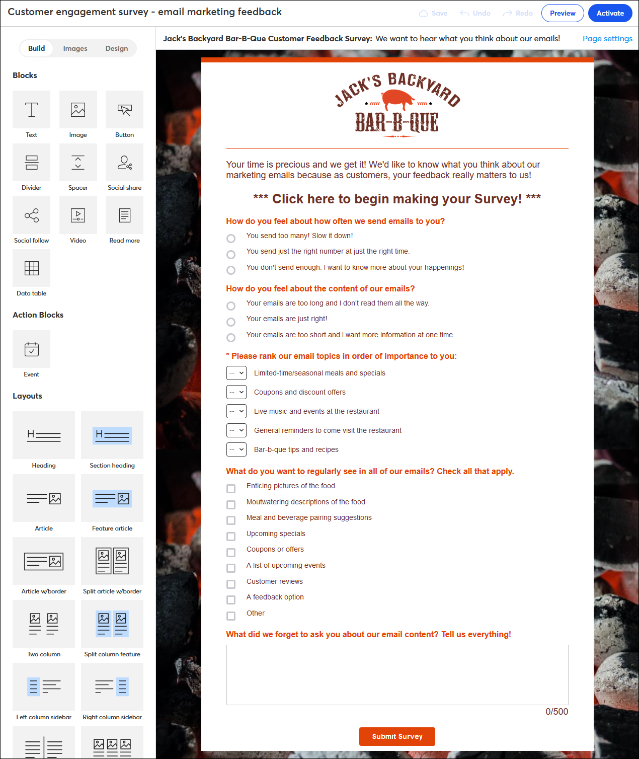 Survey Landing Page with email engagement example questions