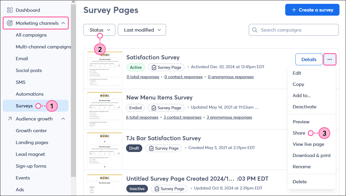 Surveys page, Status filter, Active Survey Page drop-down, and Share option