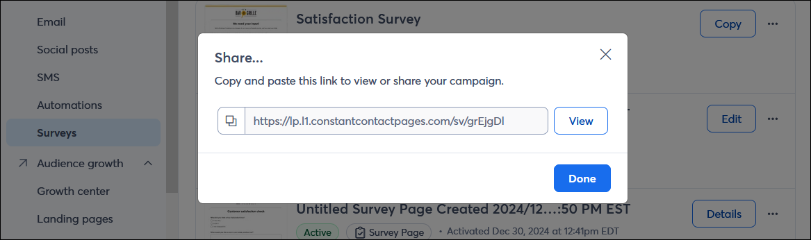 Survey Page URL copied to clipboard confirmation message