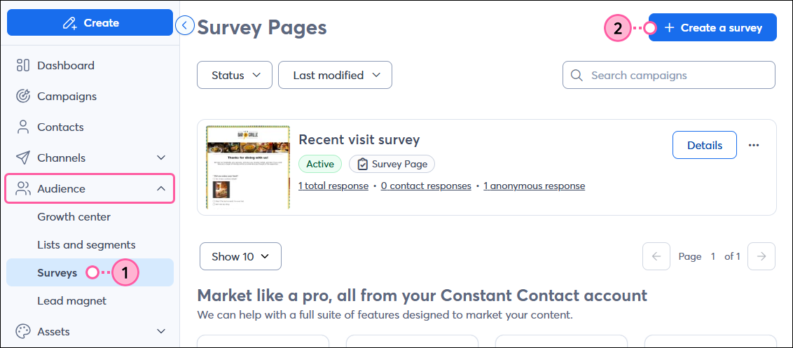 Botón Create a Survey (Crear una encuesta)