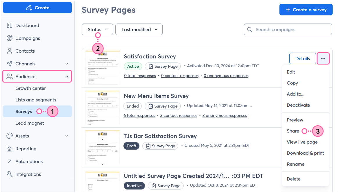 Surveys page, Status filter, Active Survey Page drop-down, and Share option