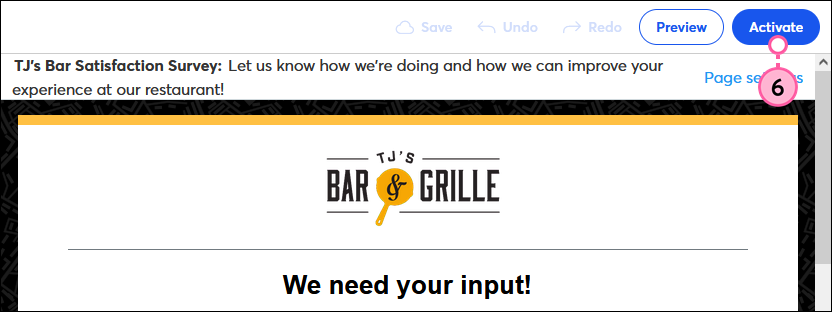 Survey Page editor with Save and Publish button