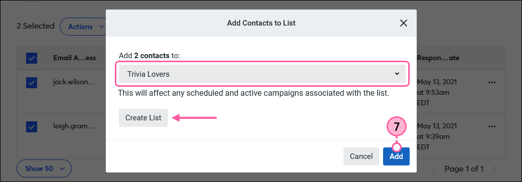 Add Contacts to List dialog box with email list drop-down, Create List button, and Add button