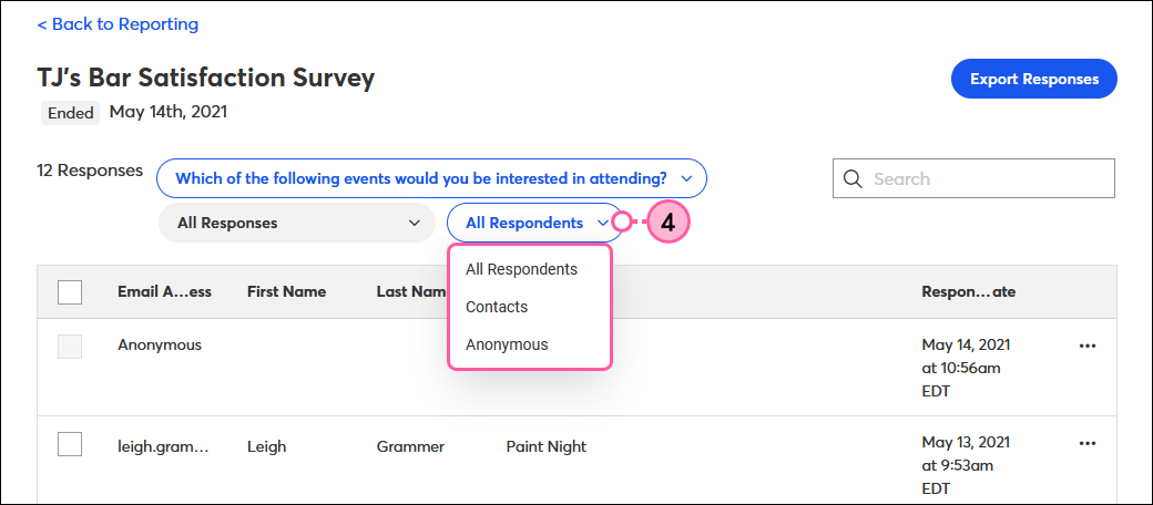 Survey Page reporting with Respondent Type drop-down