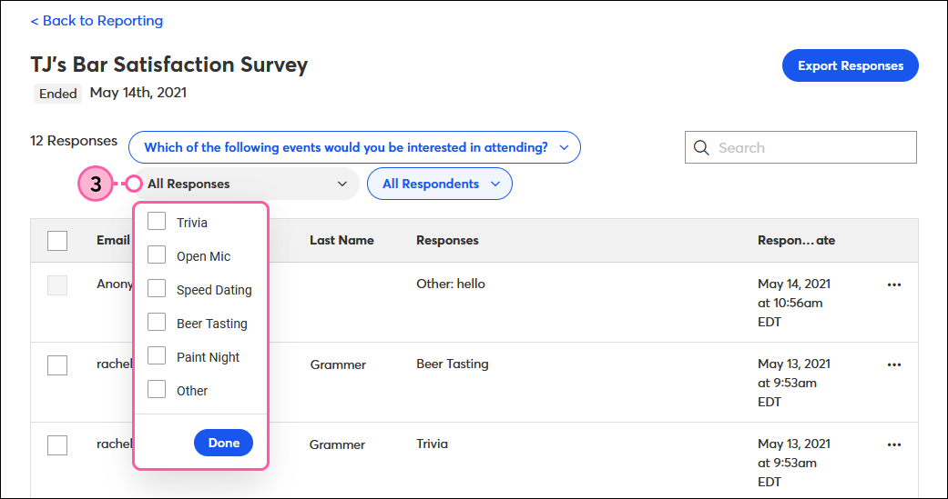 Survey Page reporting with All Responses drop-down