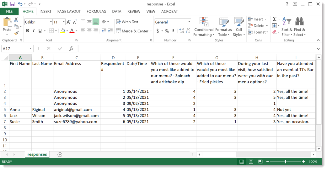 Example spreadsheet of all survey results exported with expanded columns