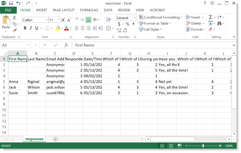 Example spreadsheet of all survey results exported with condensed columns