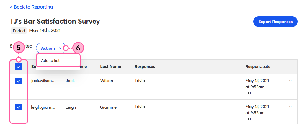 Survey Page reporting with contacts selected, Actions drop-down and Add to List option
