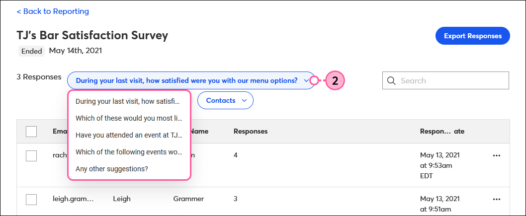 Survey Page reporting with Question drop-down
