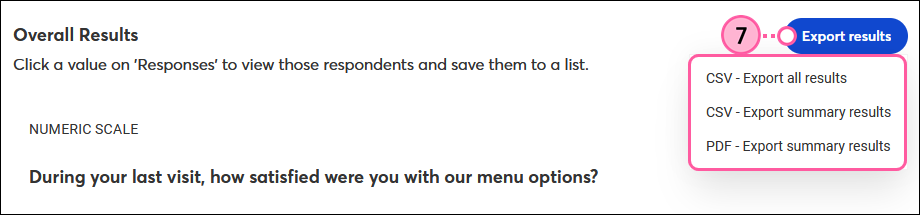 Overall Results section with individual and total response numbers, and Export All Results button