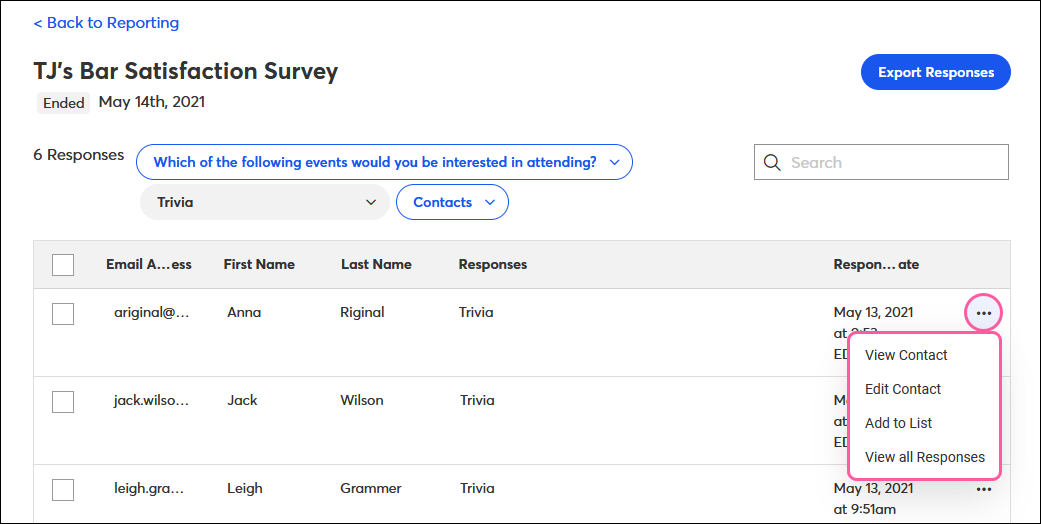 Survey Page reporting with contact respondent drop-down options
