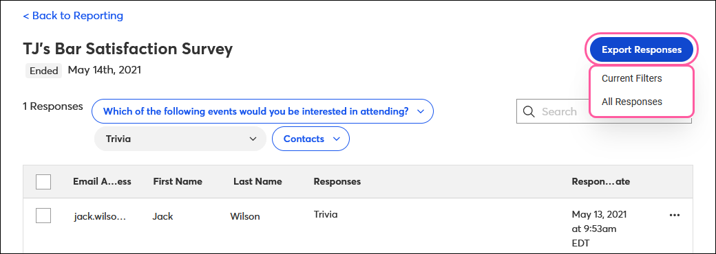 Survey Page reporting with Export Responses button drop-down options