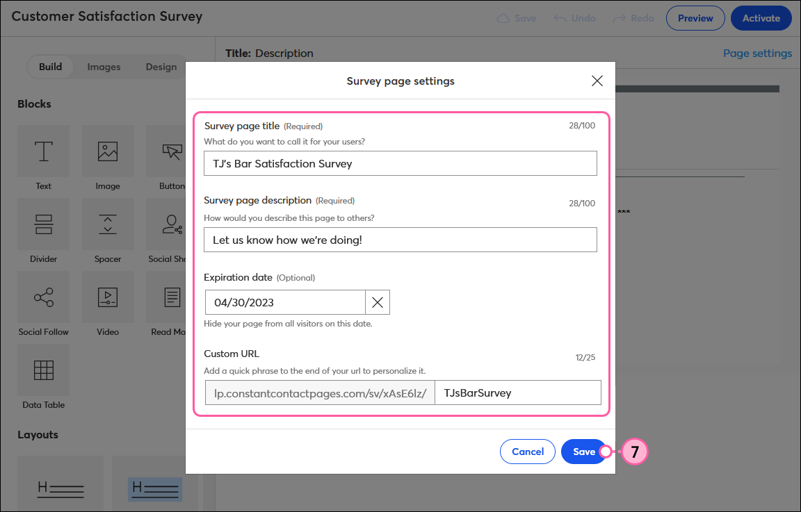 Opciones Survey Page Settings (Configuración de página de encuesta) y botón Save (Guardar)