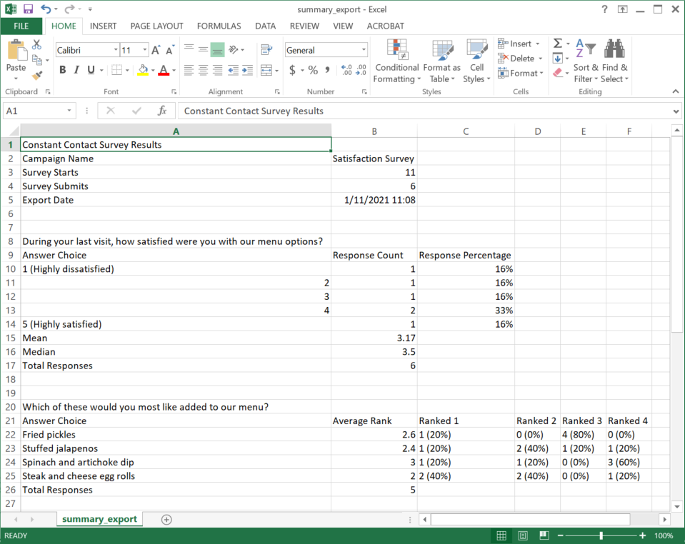 Example spreadsheet of summary survey results exported with expanded columns
