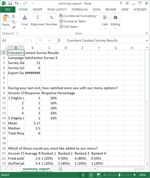 Example spreadsheet of summary survey results exported with condensed columns