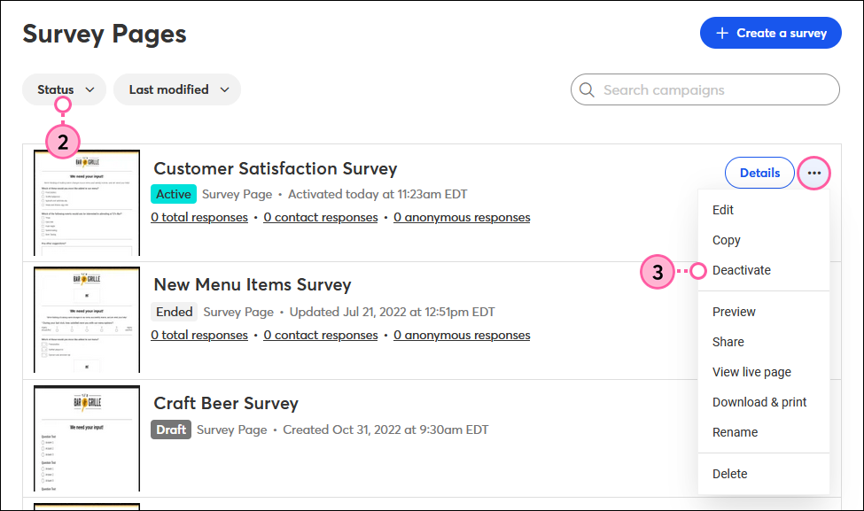 Surveys page, Active Survey Page More drop-down, and Deactivate option