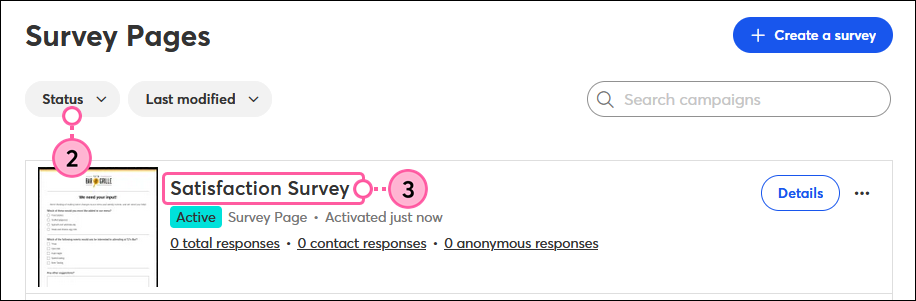 Surveys page and Active Survey Page selected