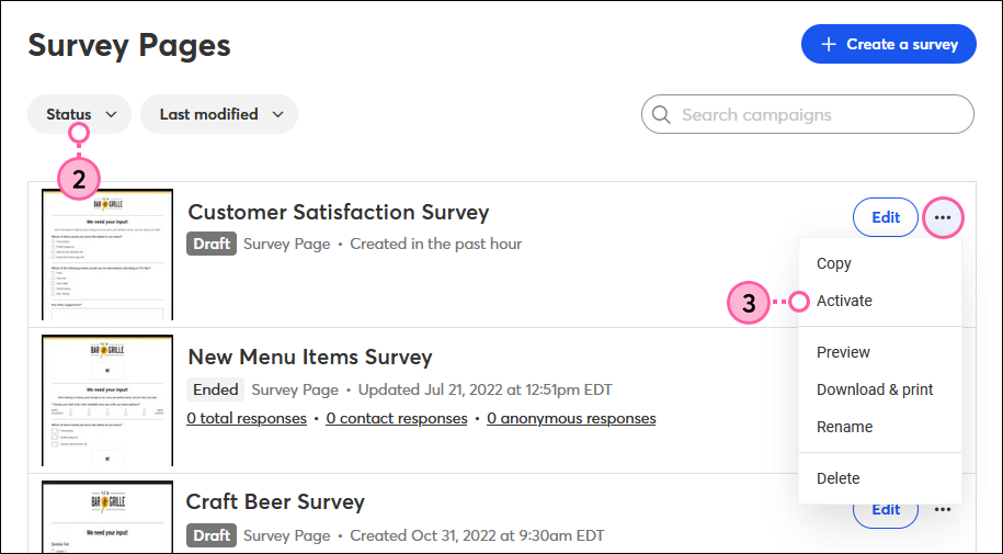 Surveys page, Draft Survey Page More drop-down, and Activate option