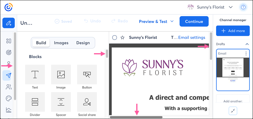 Constant Contact email editor with window size reduced and no scrollbars displayed