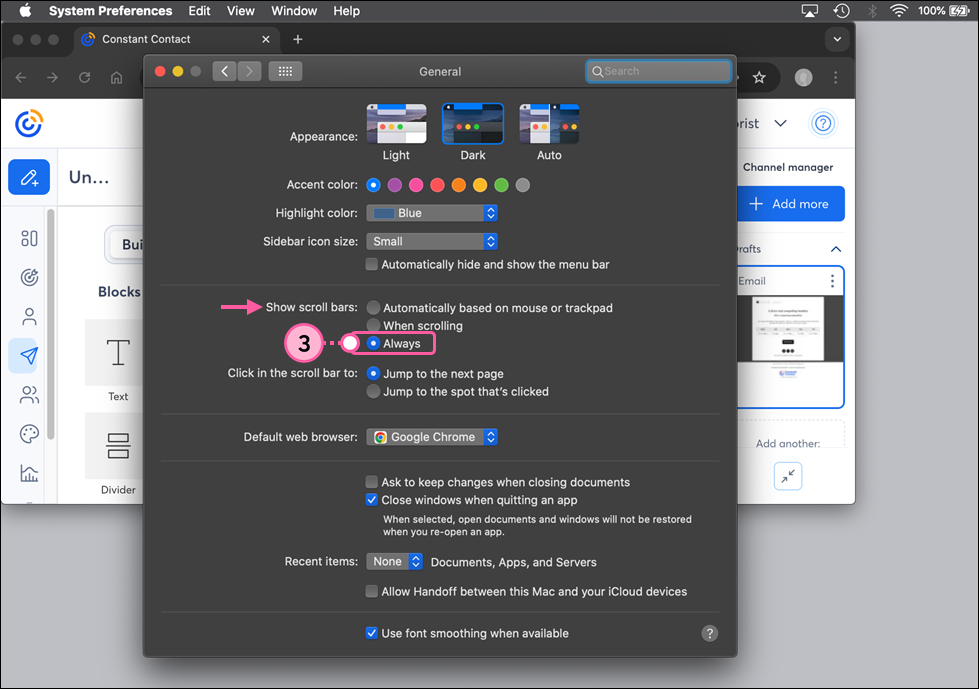 General window, Show scroll bars: section, and Always option selected