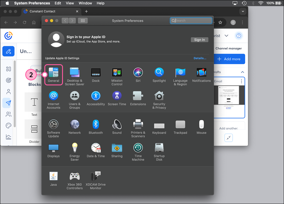 System Preferences window and General option