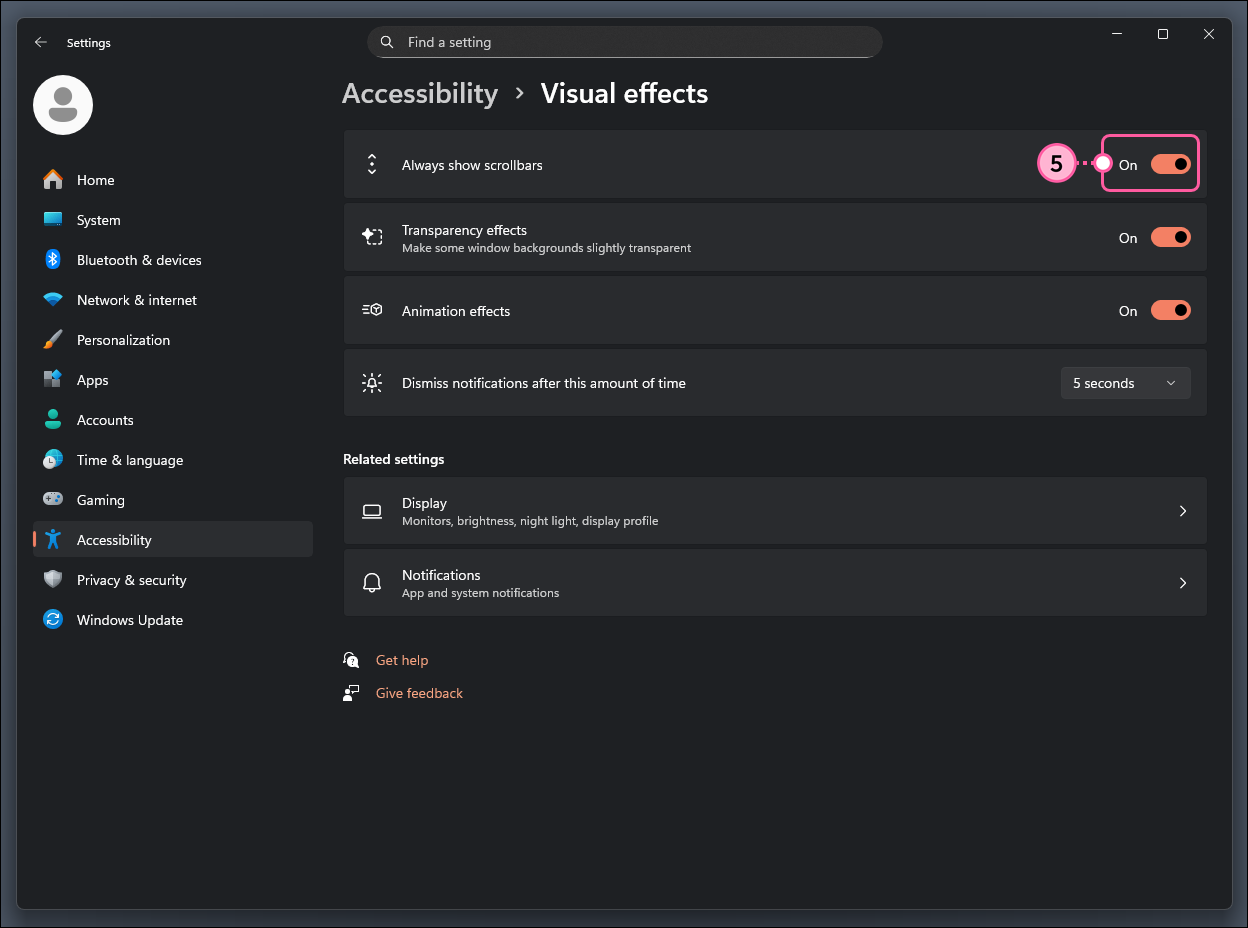 Windows settings with Accessibility option selected and Visual effects menu with Always show scrollbars toggle switched on