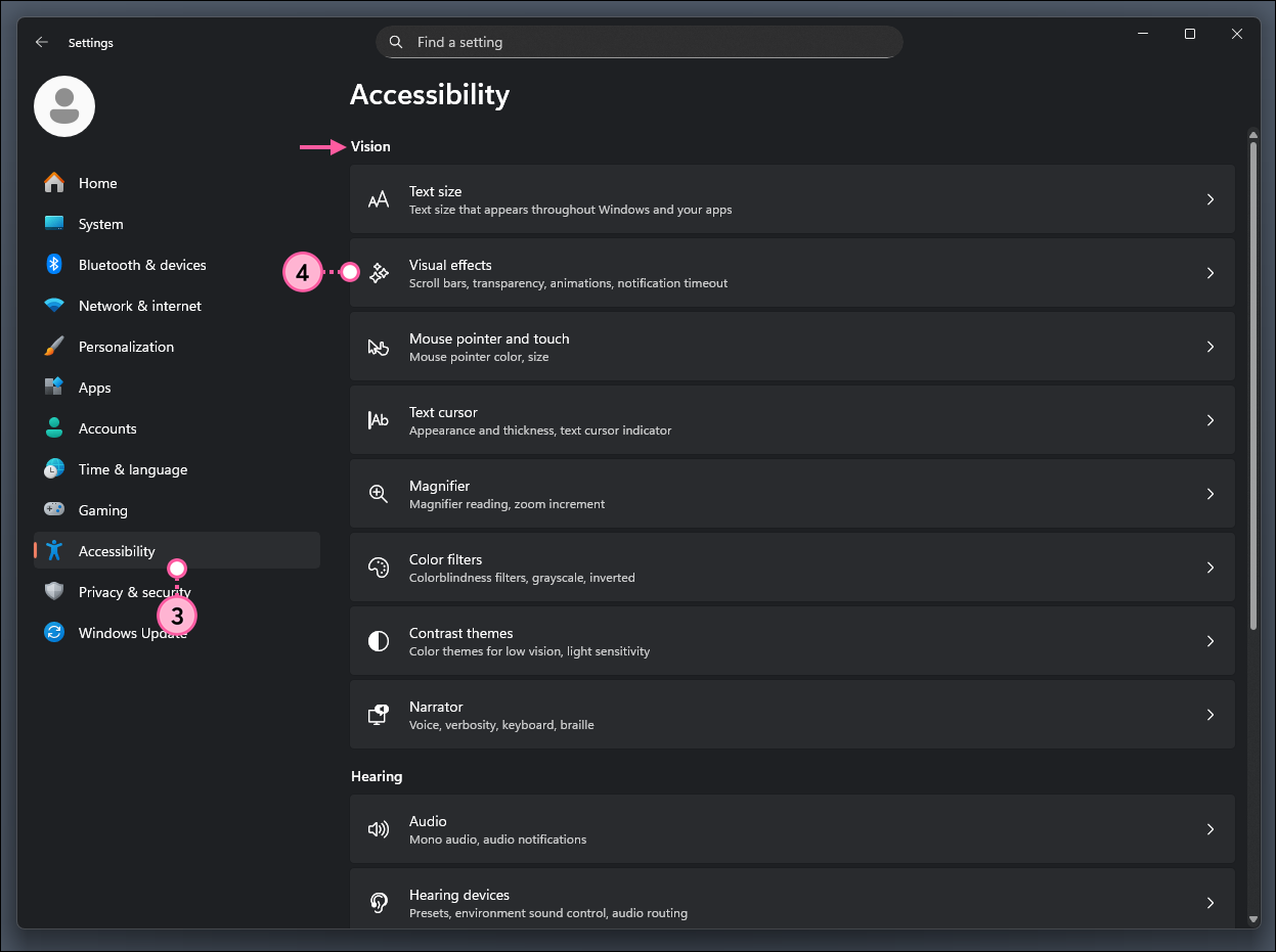Windows settings with Accessibility option selected, and Accessibility menu with Vision section and Visual effects option selected