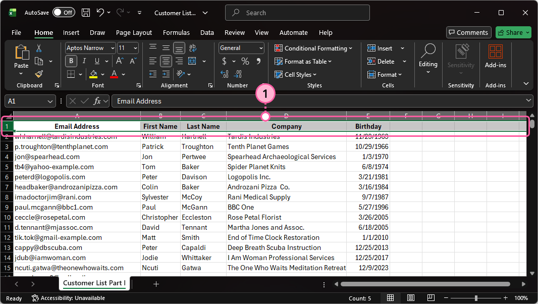 Spreadsheet Header Row Highlighted for Copying