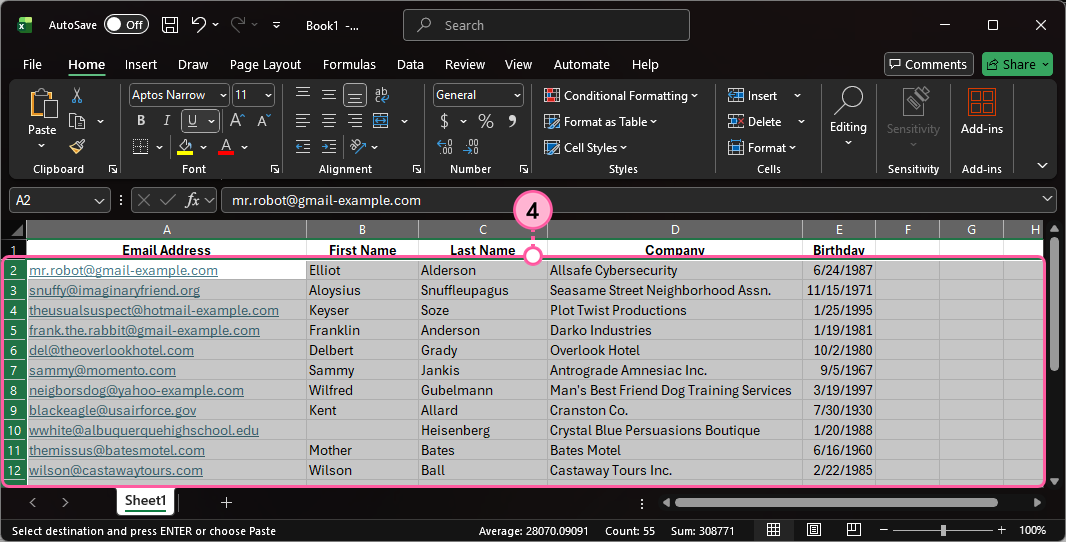 Copied Contact Information Cells Pasted into New Spreadsheet
