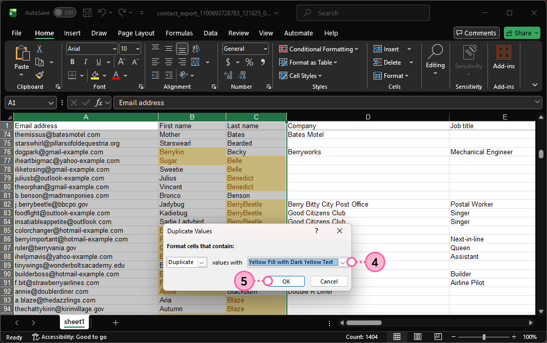 Opción Duplicate (Duplicado) seleccionada, opción de relleno amarillo con texto amarillo oscuro seleccionada y botón OK (Aceptar)