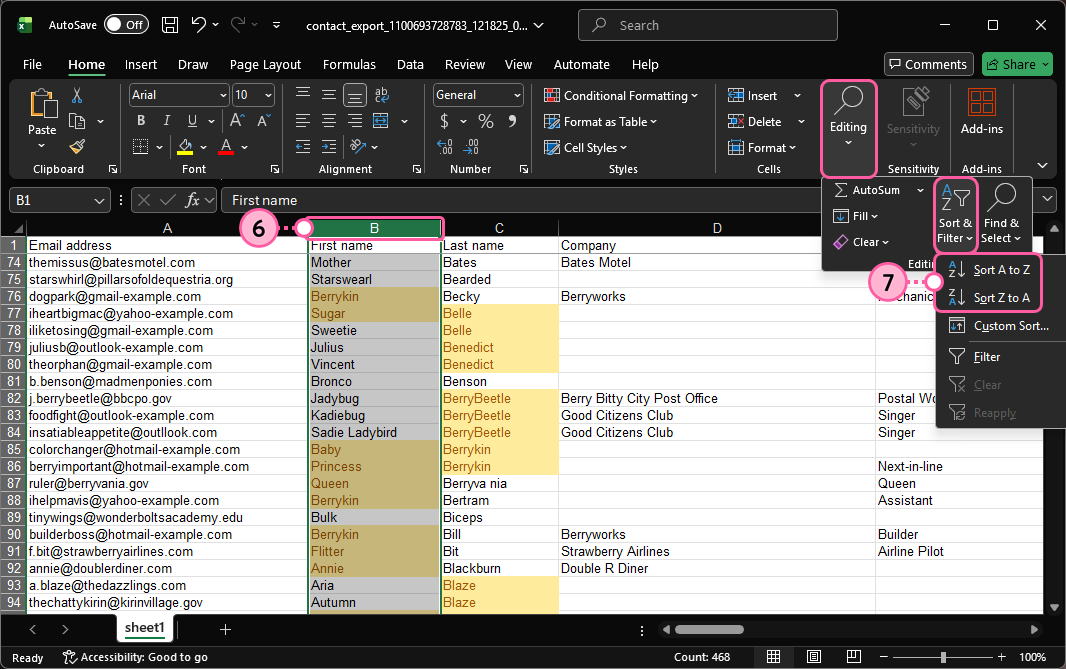 Columna First name (Nombre) resaltada, menú Sort & Filter (Ordenar y filtrar) expandido y opciones Sort A to Z (Ordenar de la A a la Z) y Sort Z to A (Ordenar de la Z a la A)