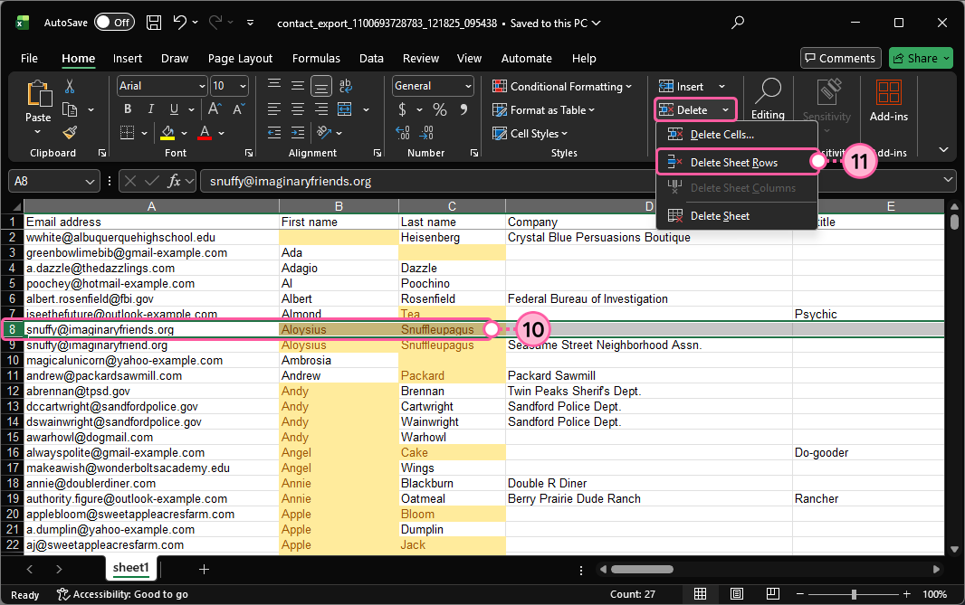 Fila con contacto duplicado seleccionada, menú de clic derecho expandido y opción Delete (Eliminar)