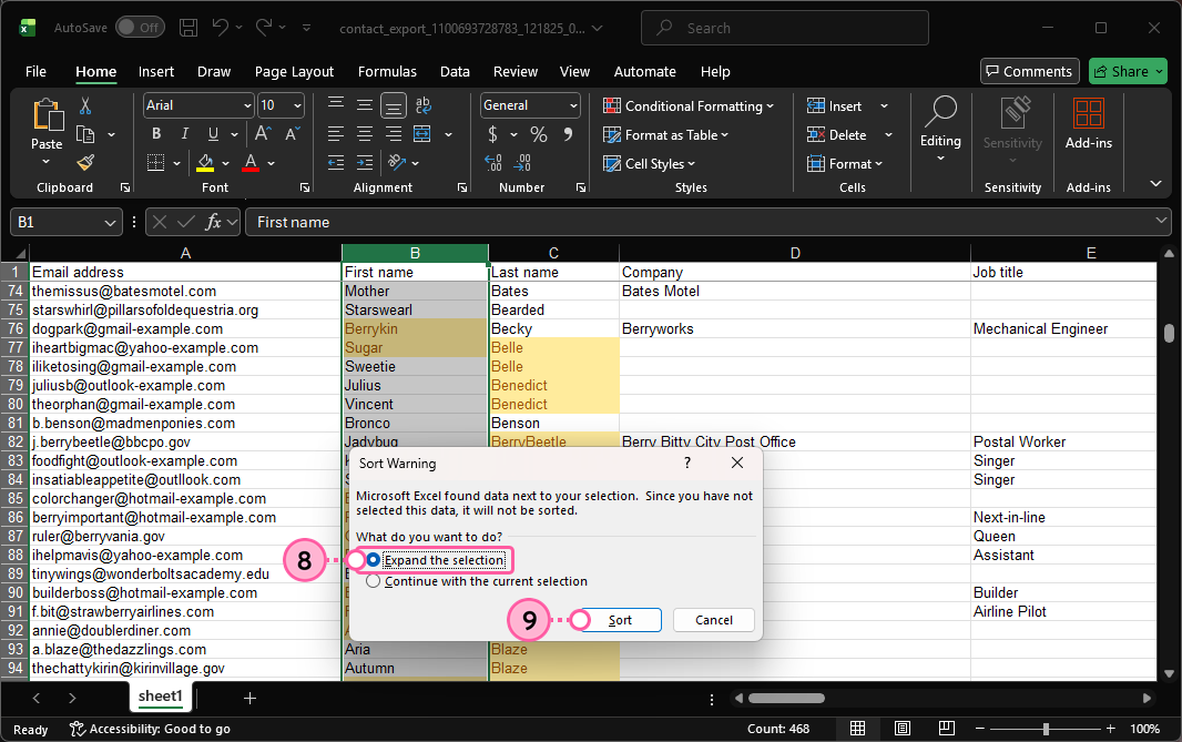 Opción Expand the selection (Expandir selección) seleccionada y botón Sort (Ordenar)