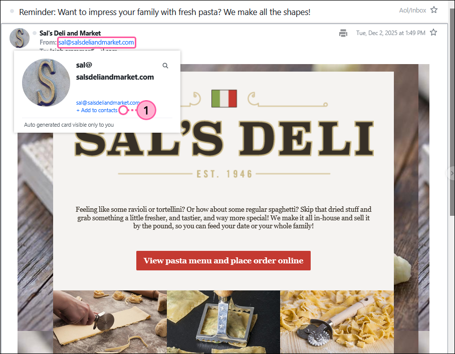 AOL inbox with email header, sender email address with sender information displayed, and add to contacts link
