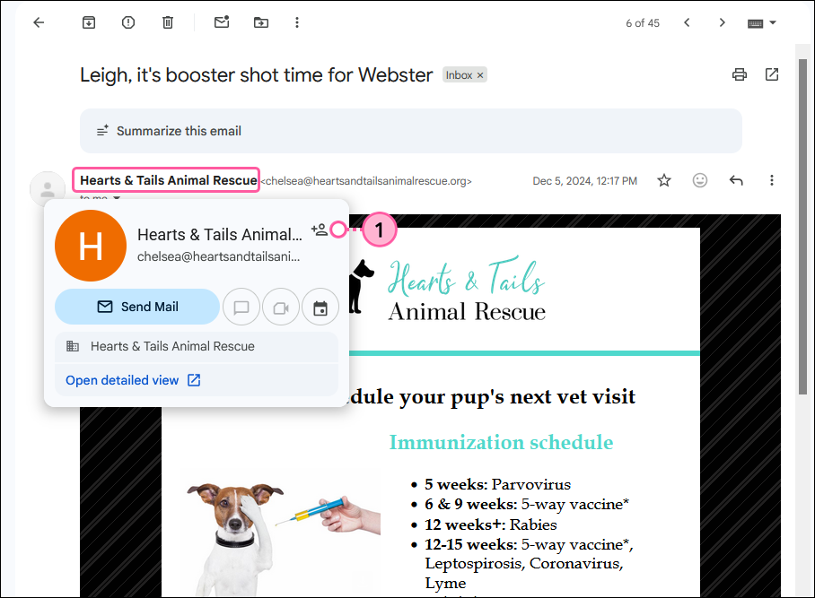 Gmail inbox with email header, sender email address with sender information displayed, and Add contact option
