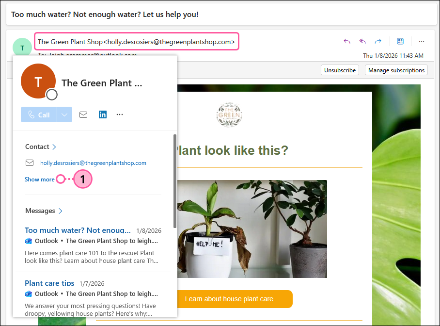 Outlook email in inbox with email header displayed, sender email address with contact overlay displayed and Show more link