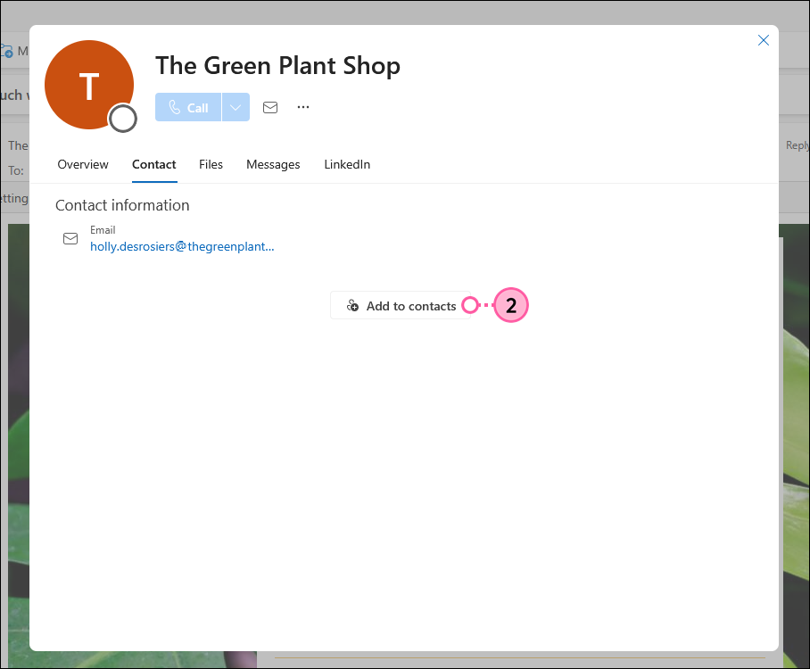 Outlook contact overlay with Contact tab selected and Add to contacts button