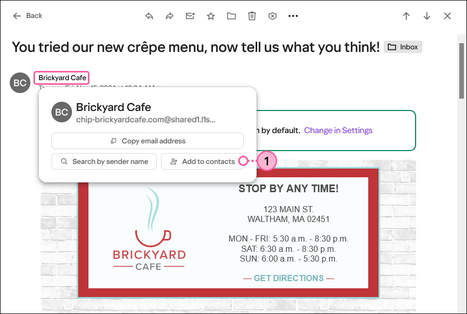 Yahoo inbox with email header, sender name with sender information displayed, and Add to contacts button