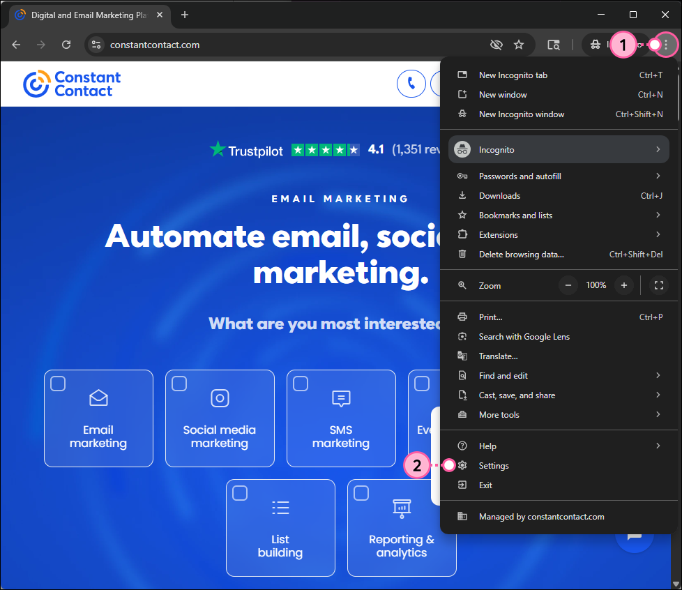 Chrome browser with Customize and control Google Chrome menu expanded and Settings option selected