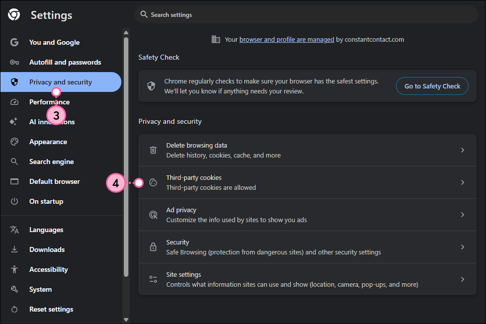 User-added imageChrome Settings with Privacy and security option selected, Privacy and security section with Third party cookies option selected