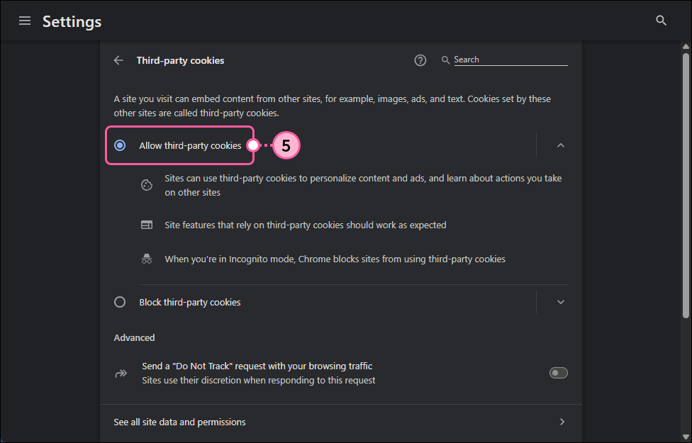 Chrome Settings with Third-party cookies options and Allow third-party cookies option selected