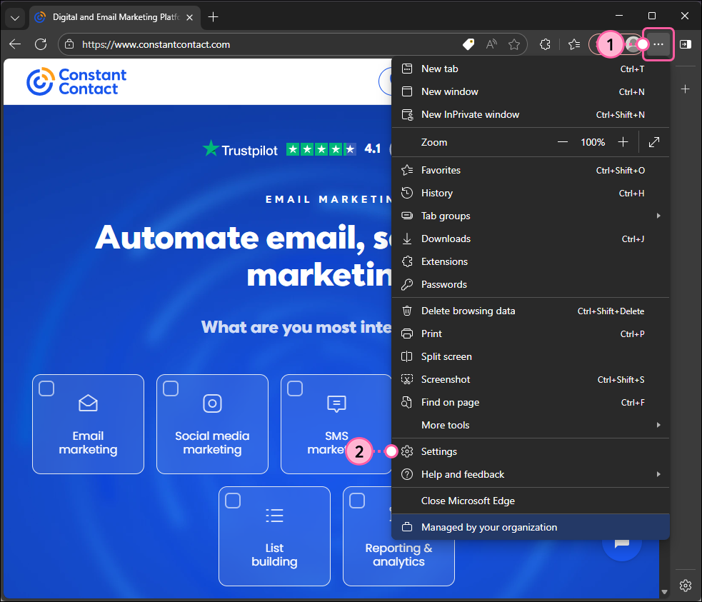 Edge browser with Settings and more menu expanded and Settings option selected