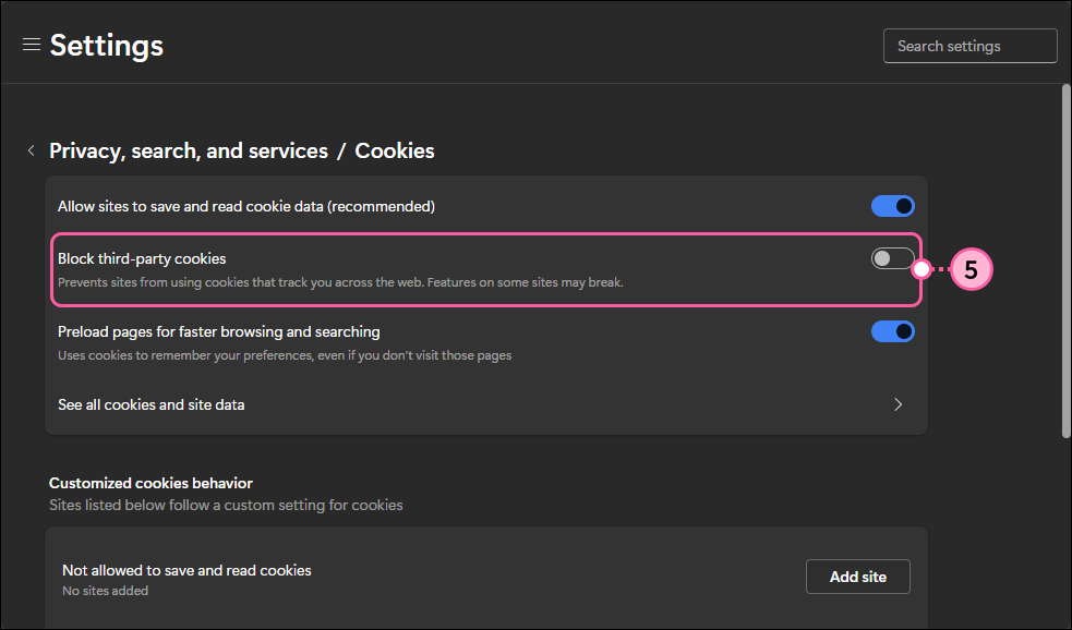 Edge Settings with Privacy, search, and services/Cookies page and Block thrid-party cookies toggle switched off