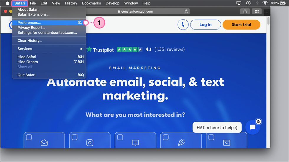 Safari browswer open with Safari menu expanded and Preferences option selected
