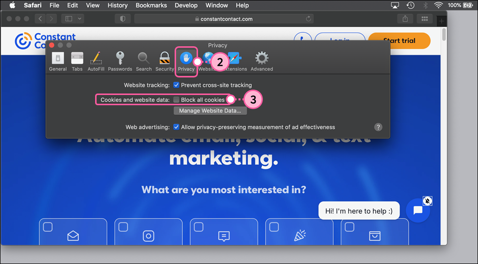 Safari Preferences options with Privacy option selected, Cookies and website data section with Block all cookies option deselected