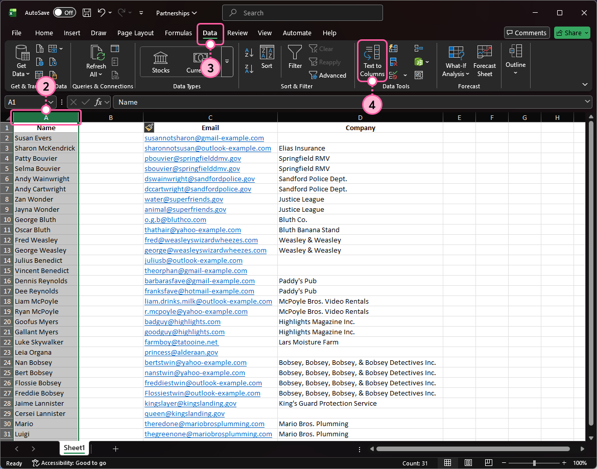 Feuille Excel avec colonne sélectionnée, onglet Data (Données) sélectionné et option Text to Columns (Texte vers les colonnes) sélectionnée