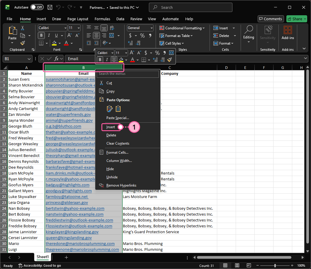 Feuille Excel avec colonne sélectionnée, menu de clic-droit affiché et option Insert (Insérer) sélectionnée